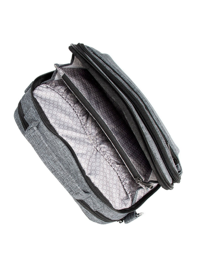 Lug scoop heather grey colour crossbody purse top view opened zip