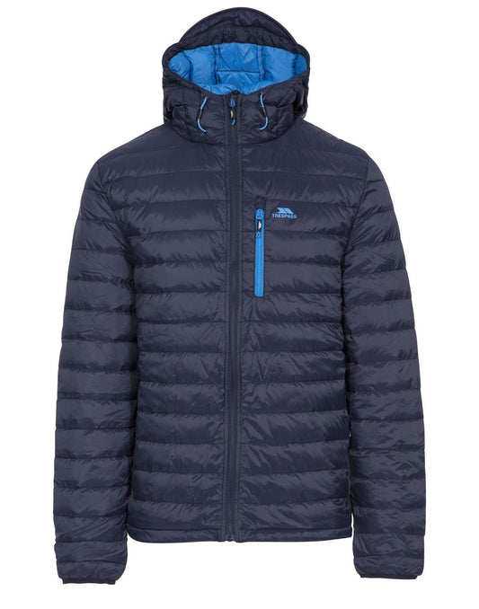 Product Image – Trespass digby men's navy colour packaway hooded down jacket front view