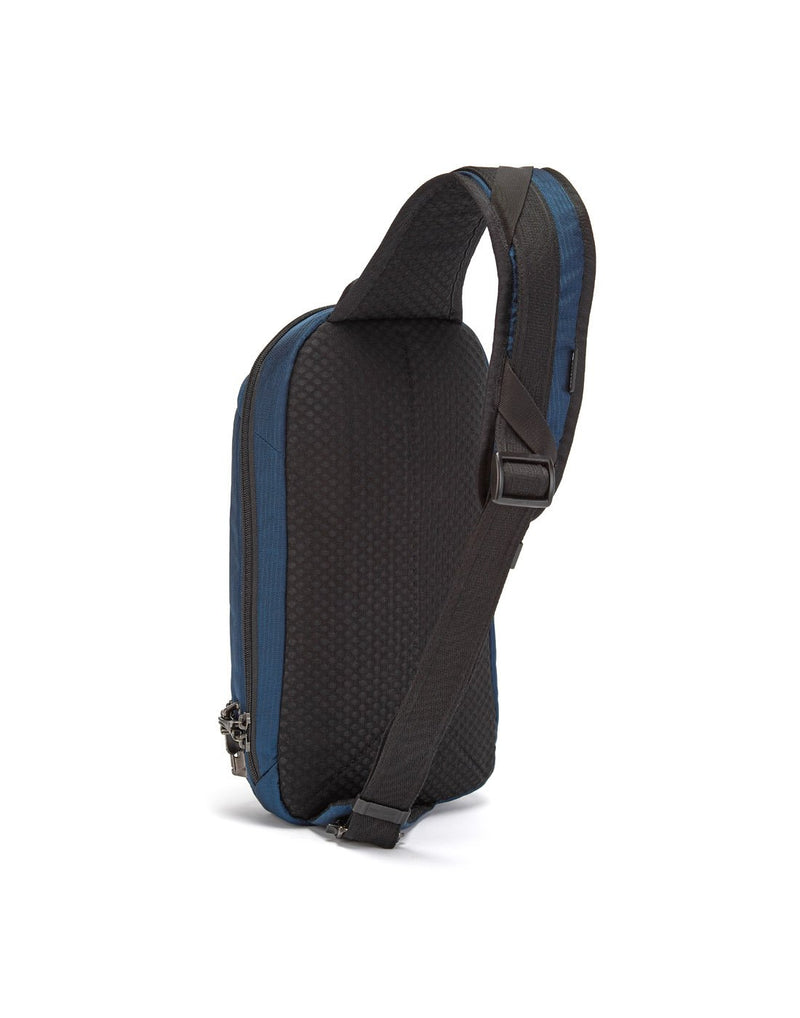 Pacsafe vibe 325L ECONYL anti-theft ocean colour recycled sling pack sideback view