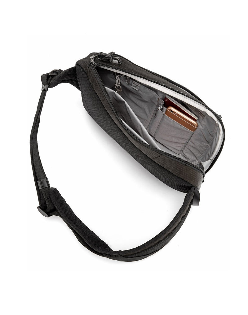 Pacsafe vibe 325L ECONYL anti-theft bedrock colour recycled sling pack interior view