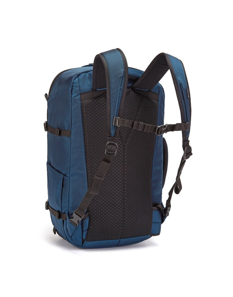Pacsafe venturesafe EXP45 ECONYL ocean colour recycled travel pack sideback view