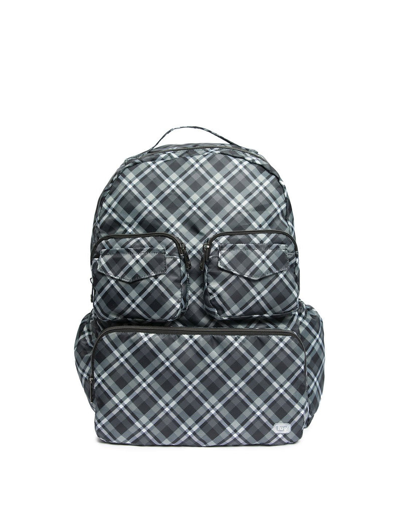 Lug puddle plaid grey colour packable backpack front view