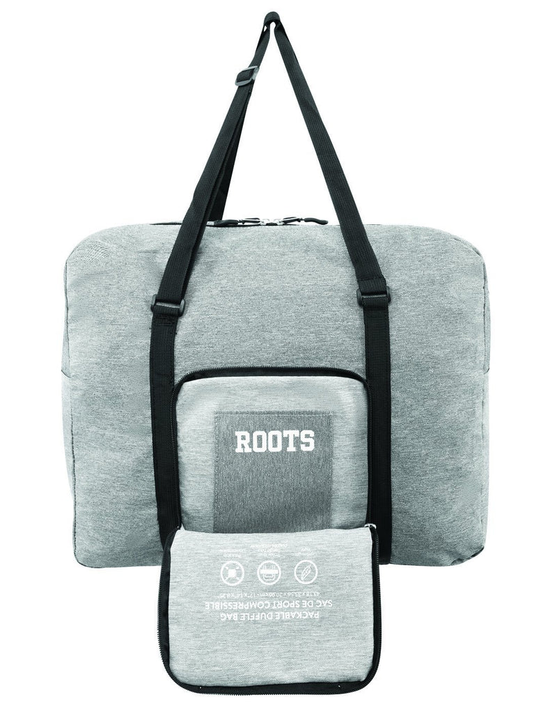 Roots foldable grey colour travel bag front pouch view