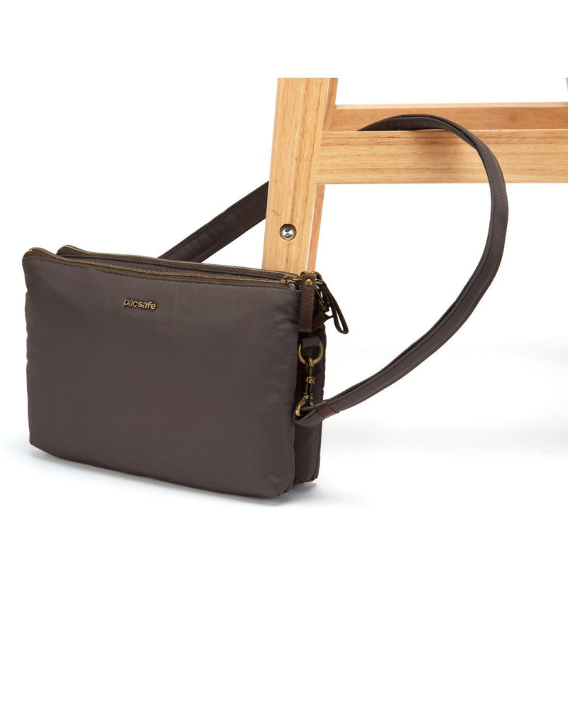 Pacsafe stylesafe anti-theft double zip mocha colour crossbody bag detachable strap