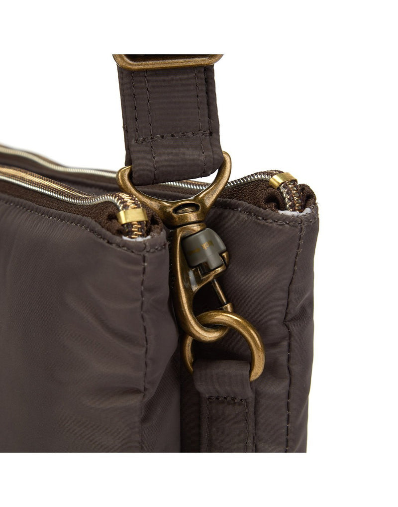 Pacsafe stylesafe anti-theft double zip mocha colour crossbody bag strap holder