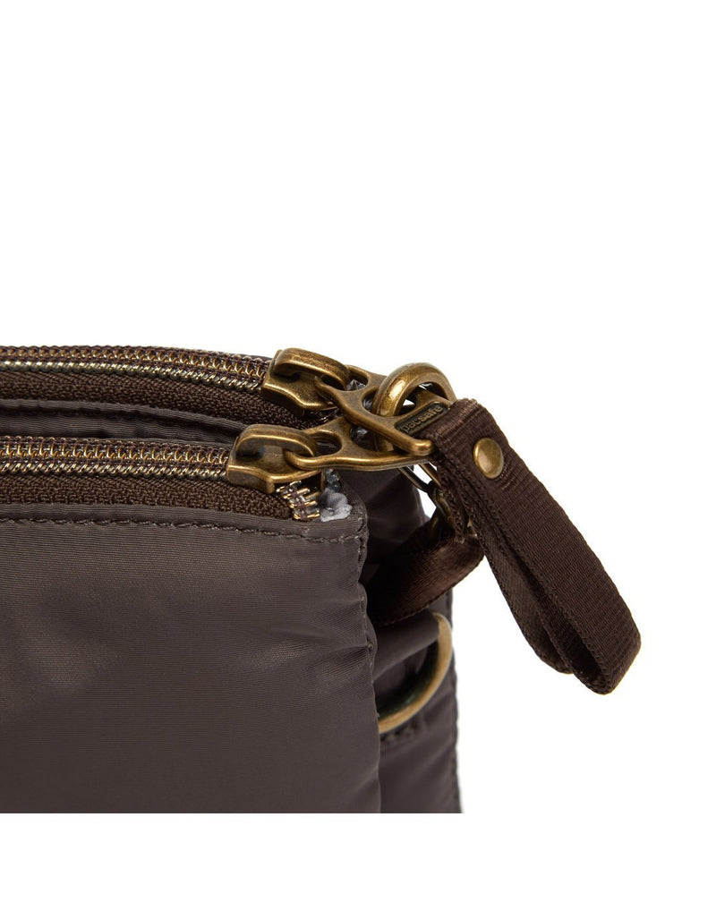 Pacsafe stylesafe anti-theft double zip mocha colour crossbody bag chain holder