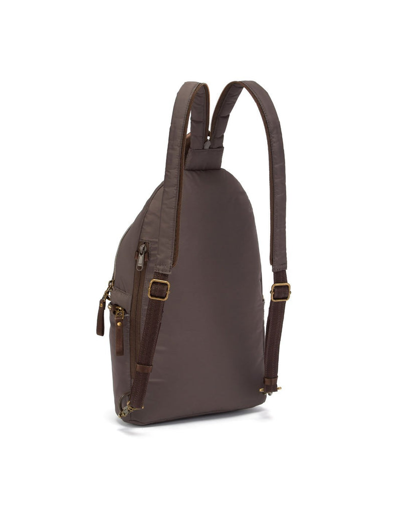 Pacsafe stylesafe anti-theft mocha colour sling backpack sideback view