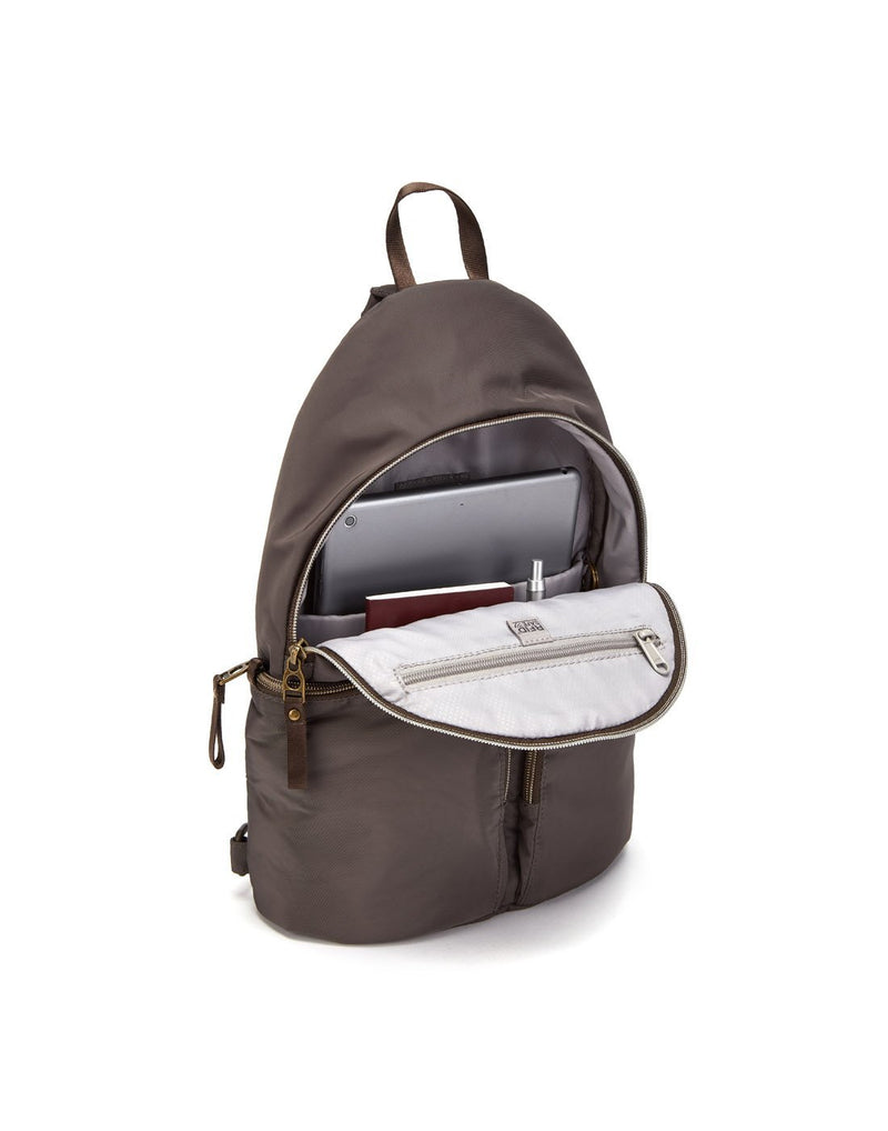Pacsafe stylesafe anti-theft mocha colour sling backpack interior view