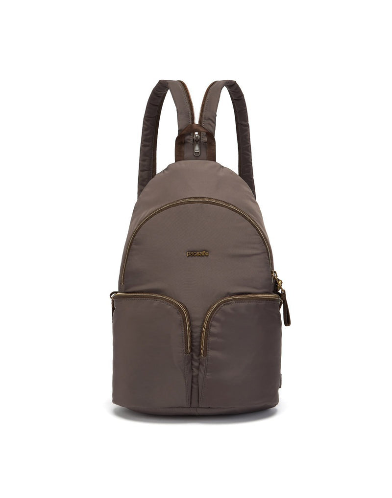 Pacsafe stylesafe anti-theft mocha colour sling backpack front view