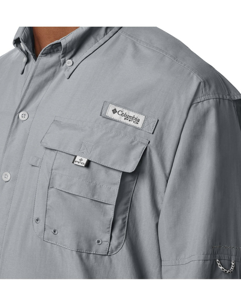 Close up of Columbia Men's PFG Bahama™ II Long Sleeve Shirt showing chest pocket with Velcro flap and Columbia PFG logo