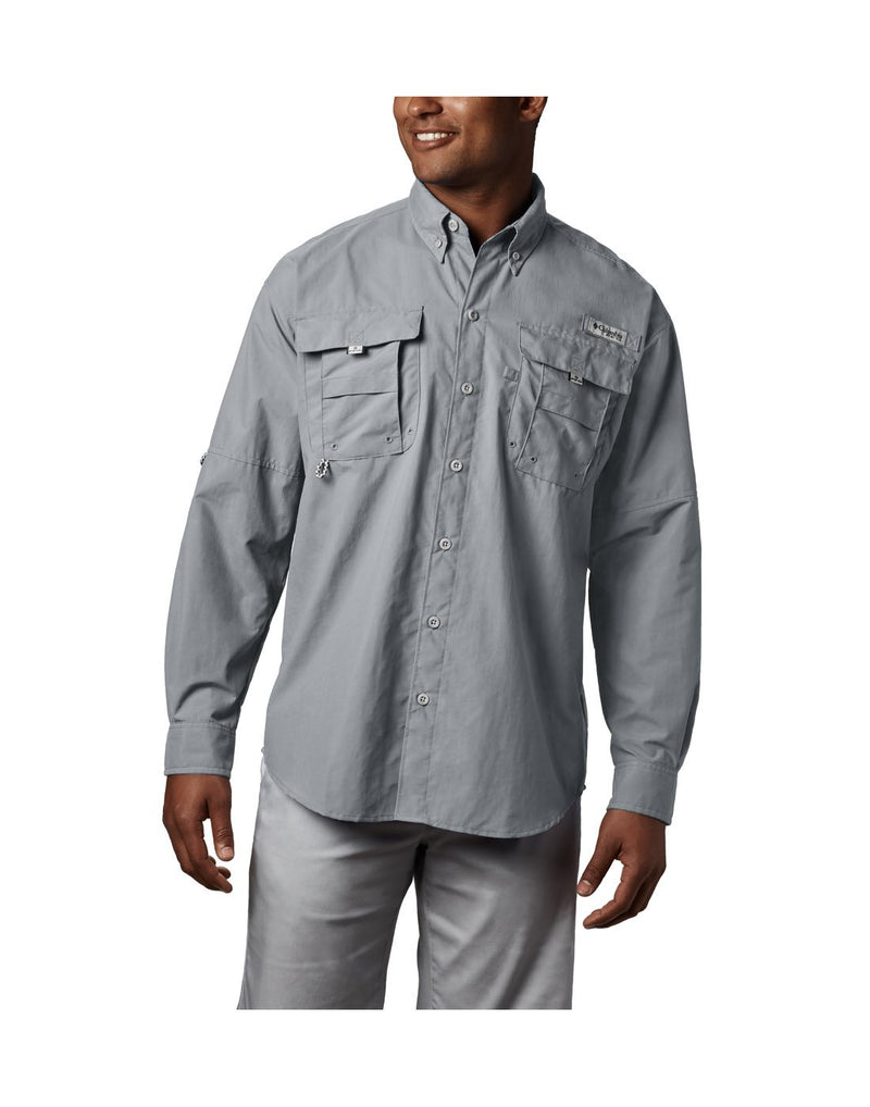 Man wearing Columbia Men's PFG Bahama™ II Long Sleeve Shirt - cool grey, front view