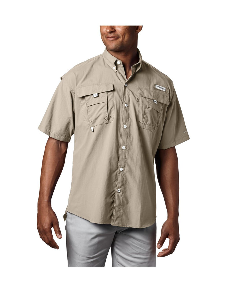 Man wearing Columbia Men's PFG Bahama™ II Short Sleeve Shirt - fossil, front view