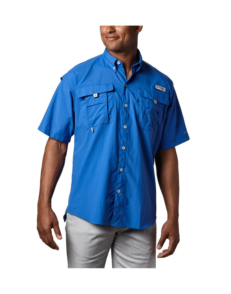 Man wearing Columbia Men's PFG Bahama™ II Short Sleeve Shirt - vivid blue, front view