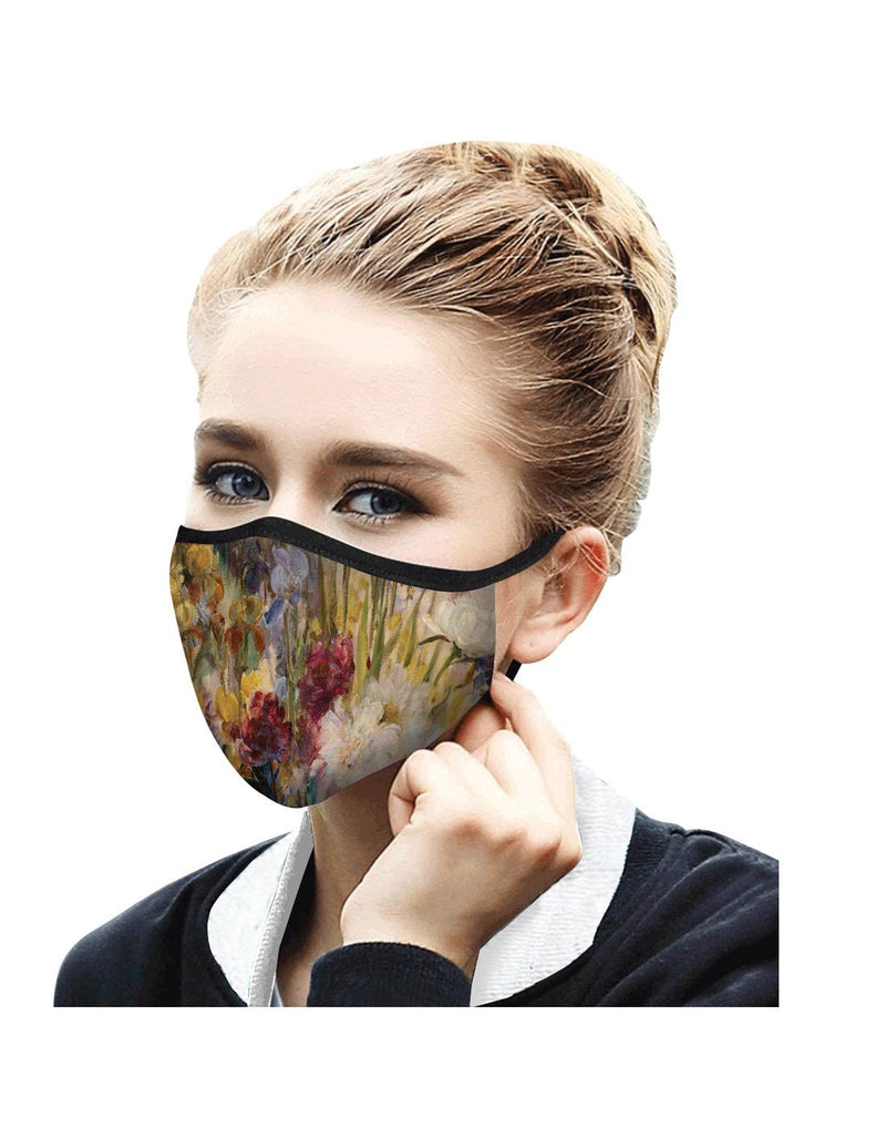 Women using RainCaper tiffany peonies and iris print reusable face mask