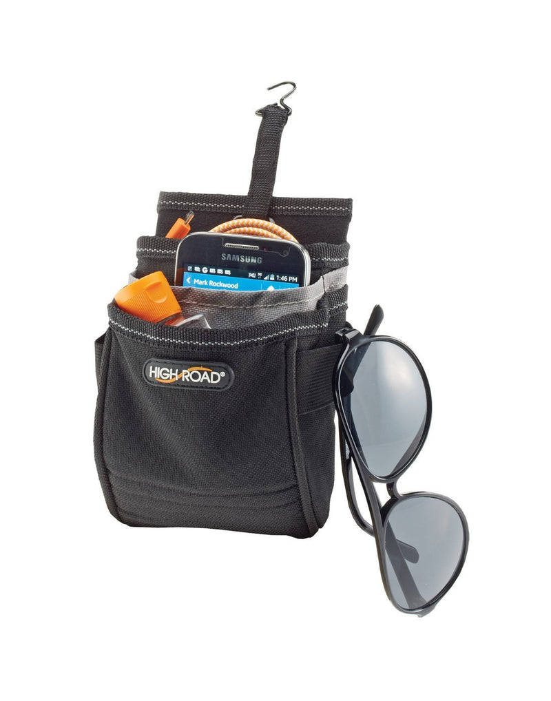 High Road DriverPockets Air Vent Cell Phone Organizer filled with phone, charger cord, sunglasses
