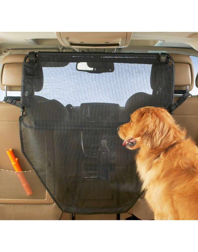 High road wag'nride dog barrier on display in a vehicle with a dog black colour front view