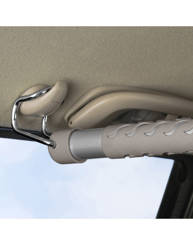 High road car clothes bar grey colour attached to side hook over car window close-up view