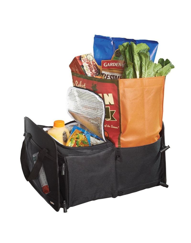 High road 3-in-1 cargo cooler tote black colour two sections extended and filled groceries corner view