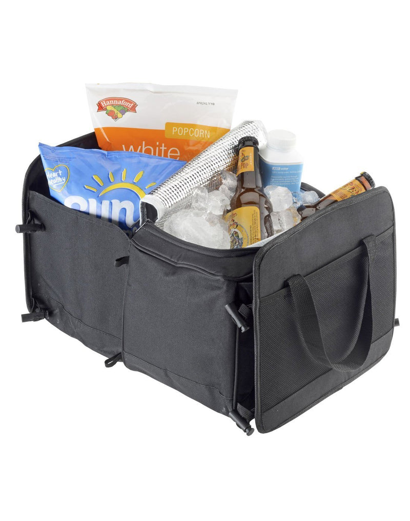 High road 3-in-1 cargo cooler tote black colour two sections extended and filled groceries and cooler corner view