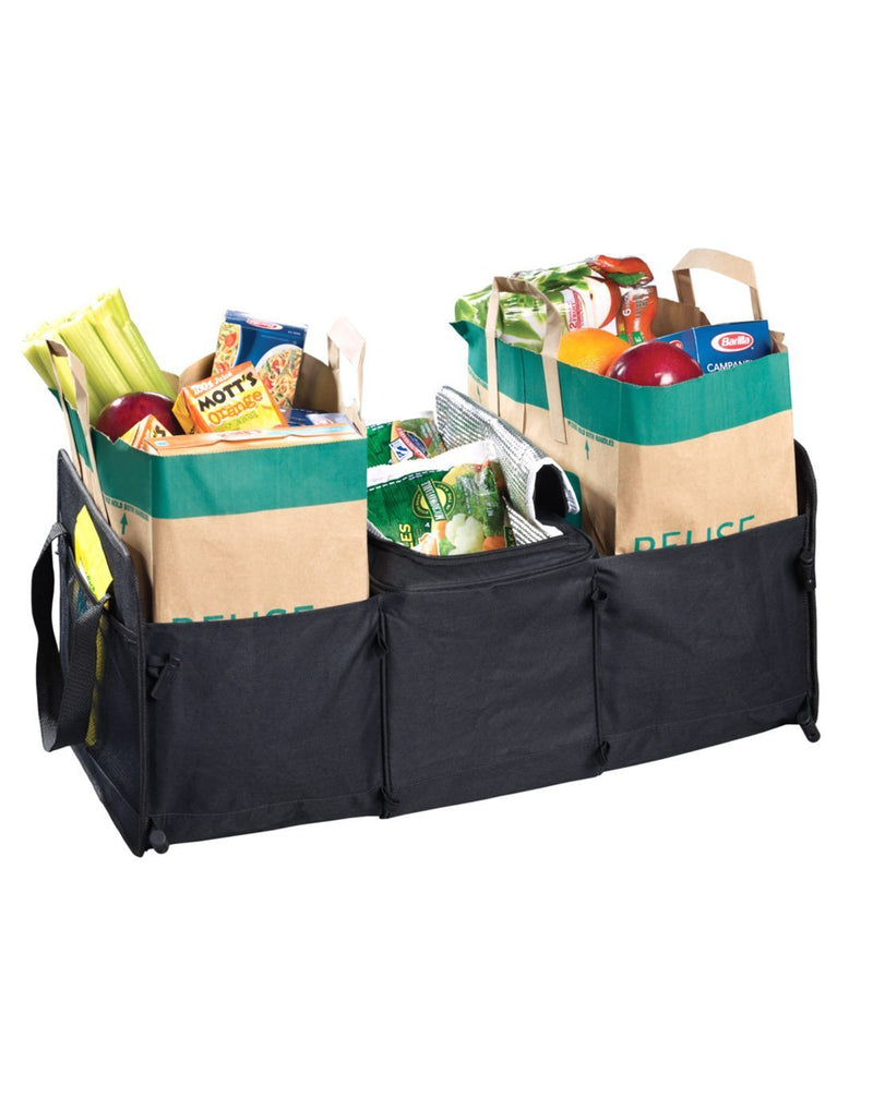 High road 3-in-1 cargo cooler tote black colour fully extended and filled with groceries front view
