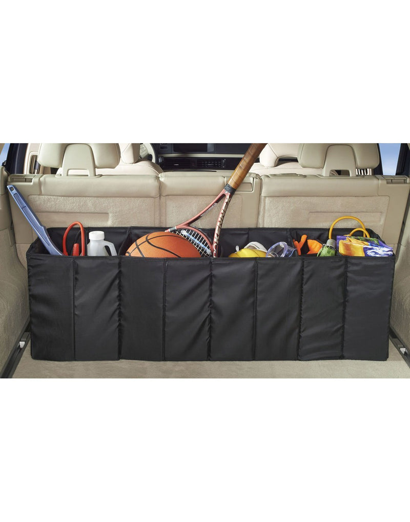 Highroad accordion trunk and cargo organizer black colour fully extended with items inside displayed in the truck hero shot