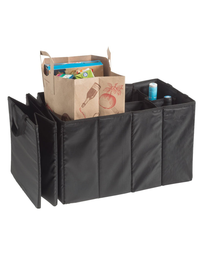 Highroad accordion trunk and cargo organizer black colour half extended with items inside front view
