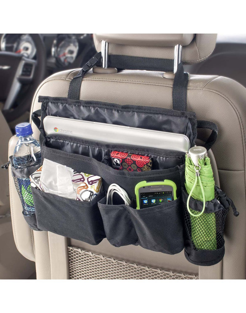 High Road SwingAway Car Seat Organizer on display hanging from back of head rest in a vehicle filled with an umbrella, bottle of water, box of tissue, charging cords, cell phone and tablet