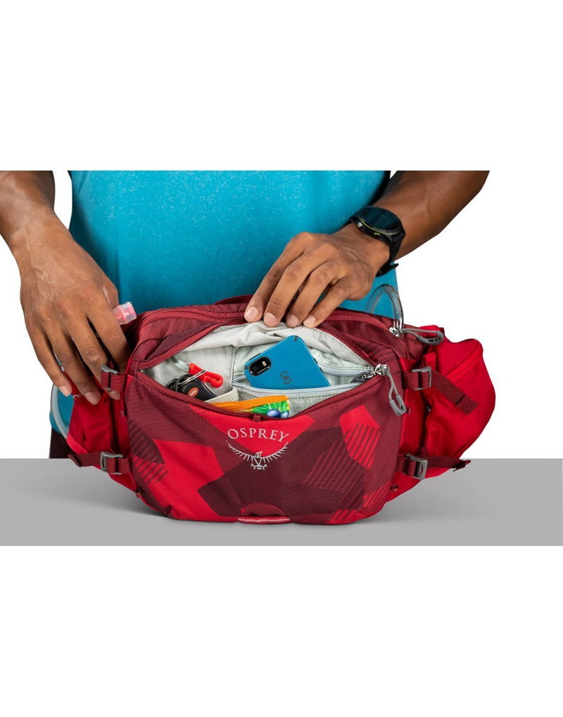 Osprey Seral 4 claret red colour hydration waist bag front pocket