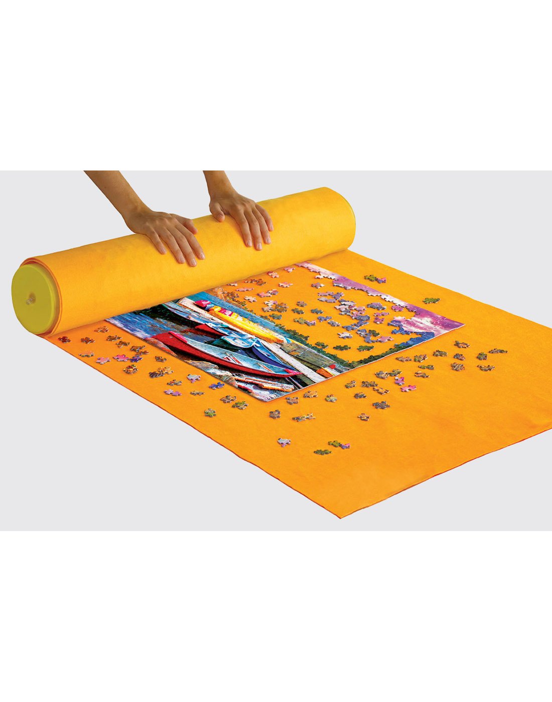 Smart Puzzle Roll & Go Mat - hands rolling up a puzzle in progress