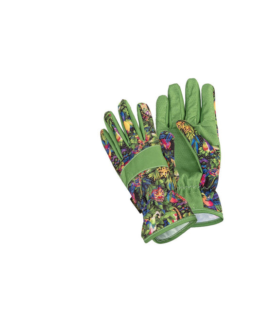 Product Image – Laurel Burch Jungle Song Garden Gloves - green palm and stripe across knuckles and flower pattern on top of gloves