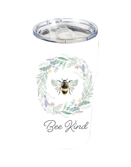 Product Image – Double wall 13oz ceramic travel cup - white with a bee in the center of a vine wreath against a white background. Reads: "Bee Kind"