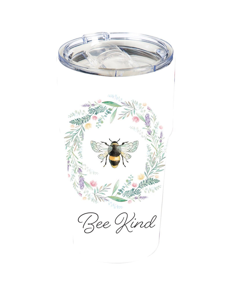Double wall 13oz ceramic travel cup - white with a bee in the center of a vine wreath against a white background. Reads: "Bee Kind"