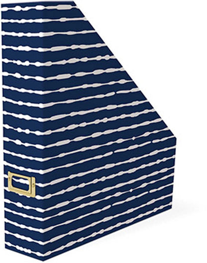 Lady Jayne Indigo Magazine Holder - blue and white lines design with gold label frame on spine