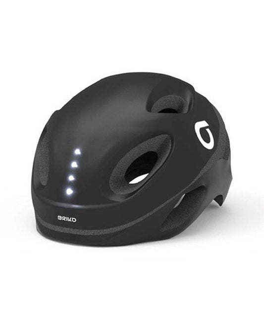 Product Image – Briko E-One LED Reflective Helmet - black, front view showing 4 LED lights above Briko logo