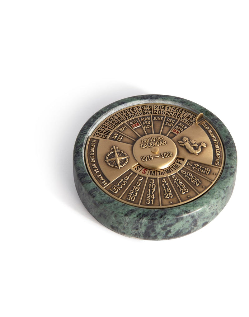 Authentic Models 50-Year Calendar - green marble base with rotating polished brass calendar face