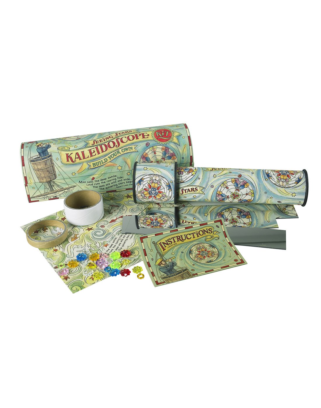 Authentic Models Seeing Stars Kaleidoscope Kit - contents include tube, colourful beads, connector pieces, reflective pieces, and instruction booklet