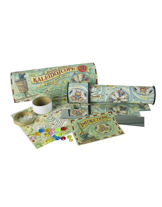 Product Image – Authentic Models Seeing Stars Kaleidoscope Kit - contents include tube, colourful beads, connector pieces, reflective pieces, and instruction booklet