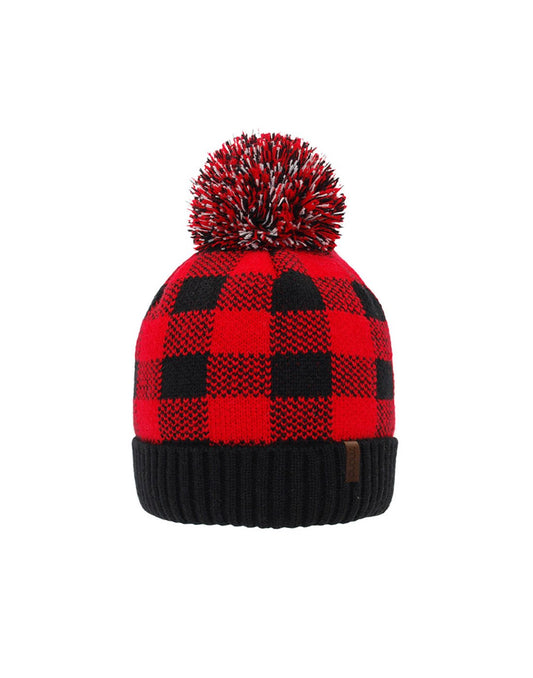 Product Image – Pudus Kids Toque Winter Hat in Lumberjack Red with black band and black, red and white pom pom