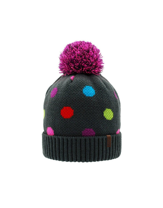 Product Image – Pudus Kids Toque Winter Hat, grey with multi-coloured polka dots and a pink pom pom