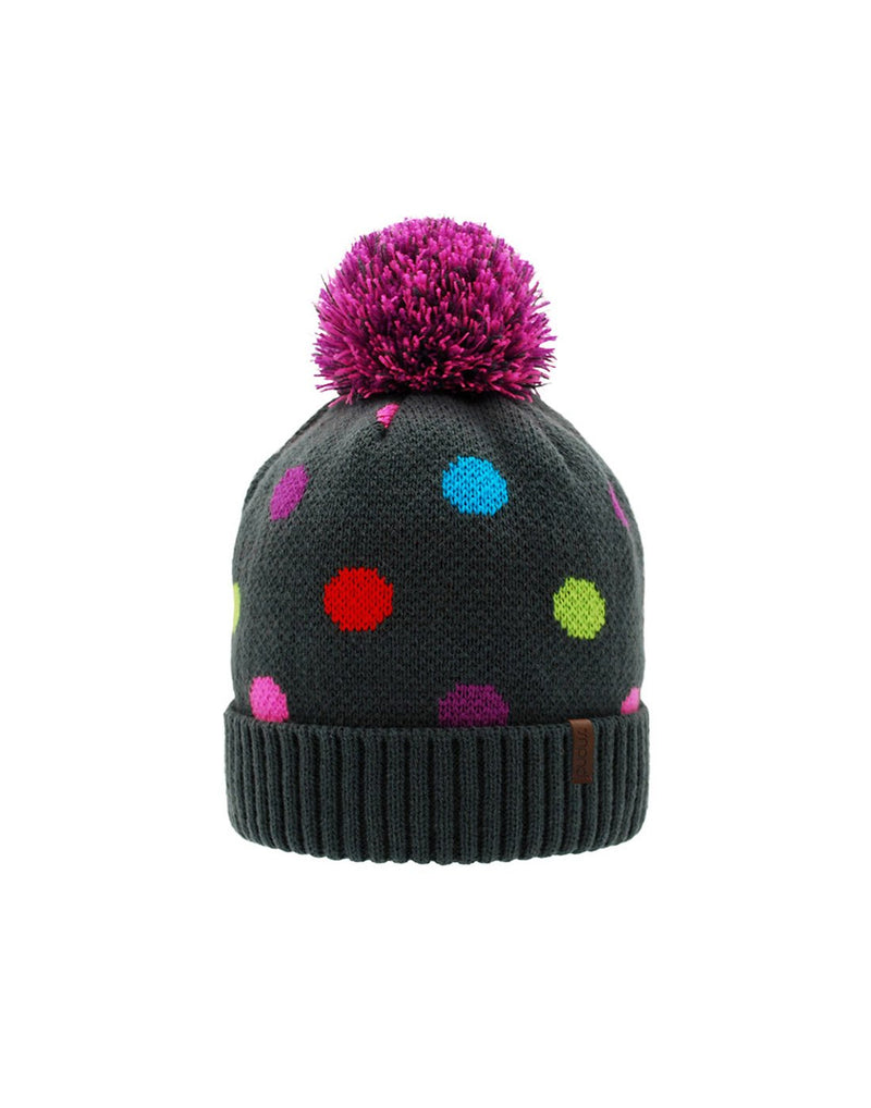 Pudus Kids Toque Winter Hat, grey with multi-coloured polka dots and a pink pom pom