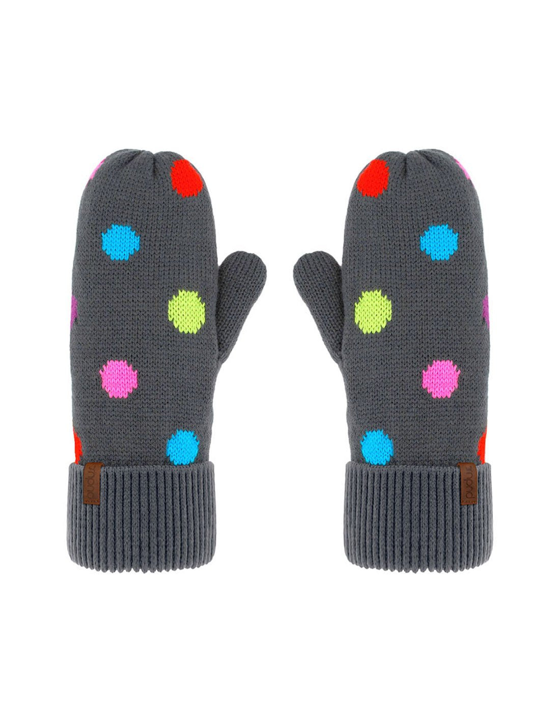 Pudus Kids Winter Mittens - grey with multi-coloured polka dots