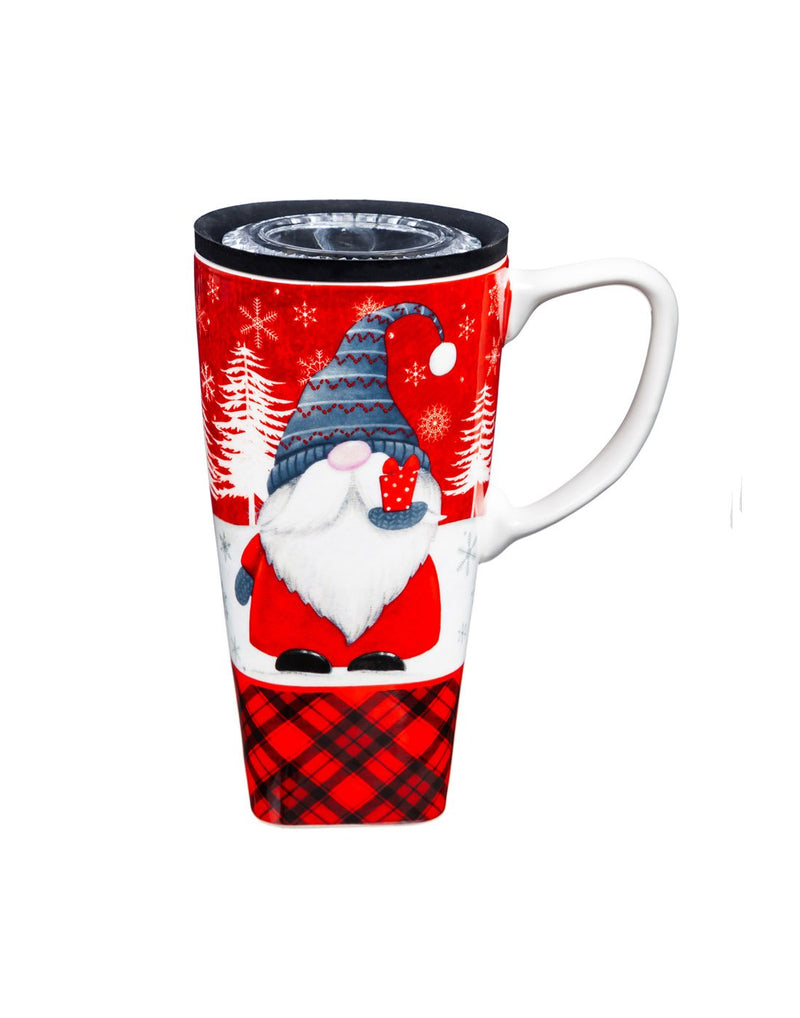 Ceramic FLOMO 360 Travel Cup - 17 oz Winter Gnome design on red backgound with white trees and snowflakes in background and red/black plaid strip on bottom with black lid and white handle