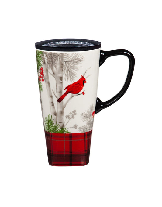 Product Image – Ceramic FLOMO 360 Travel Cup - Christmas Cadence design with red cardinal sitting on a birch tree on white background with red and black plaid strip at bottom and black lid and handle