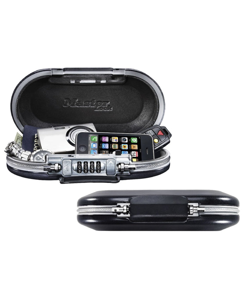 Master Lock® Set-Your-Own-Combination Portable Safe open with watch, cash, passport, camera, phone and car keys inside and closed view beside