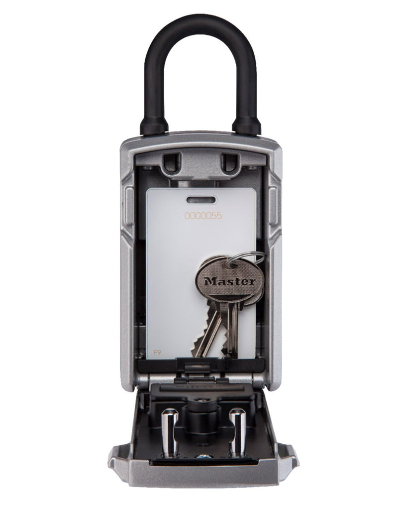 Master Lock® Bluetooth® Portable Lock Box open with key card and two keys inside