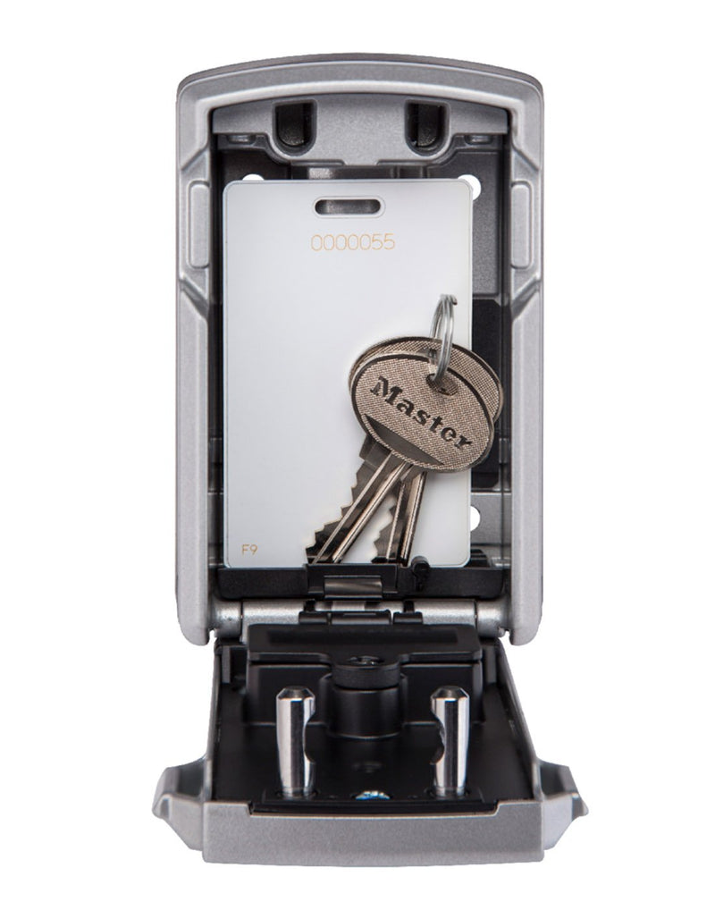 Master Lock® Bluetooth® Wall-Mount Lock Box open with key card and two keys inside