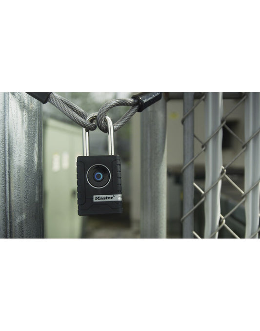 Product Image – Master Lock® Bluetooth® Padlock on a fence