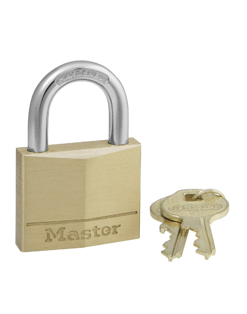Master Lock® Solid Brass Body Padlock front view with keys