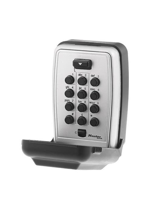 Product Image – Master Lock® Wall-Mount Push Button Lock Box angled view with weather cover open