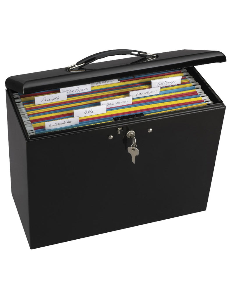 Master Lock® Locking File Box angled view with top unlocked and open with file folders inside